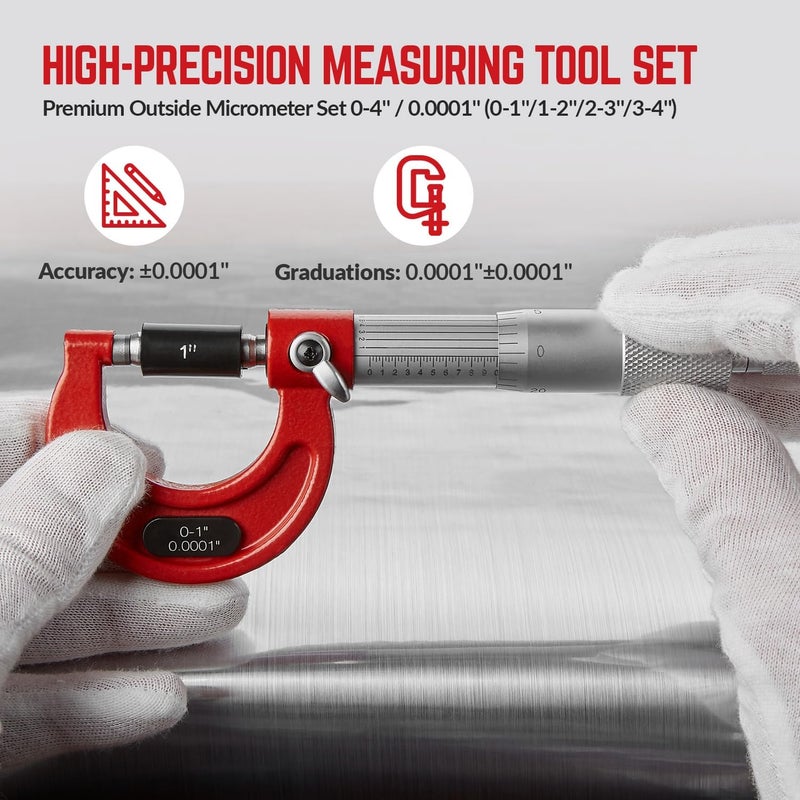SANDOR Premium Outside Micrometer Set 0-4" / 0.0001" (0-1"/1-2"/2-3"/3-4") Precision Machinist Tools w/Carbide Tips, Standards, Ratchet Stop - Image 4